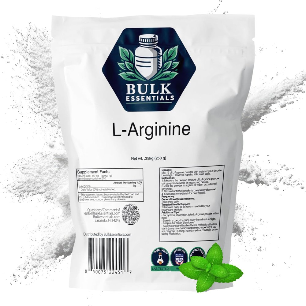 Bulk Essentials L-Arginine Powder Unflavored 250g for Nitric Oxide Production & Maintain Blood Flow USA Made Nitric Oxide Supplements for Men & Women, Free from GMO & Gluten 1g Per Serving