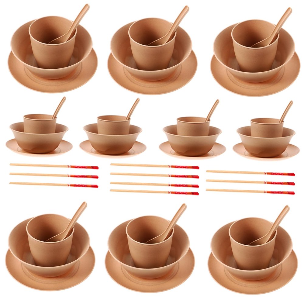 NOLITOY 10Sets Disposable Party Tableware Rice Husk Dinnerware with Plates Cups Bowls Spoons and Safe for Party Foods No Clean Up Required