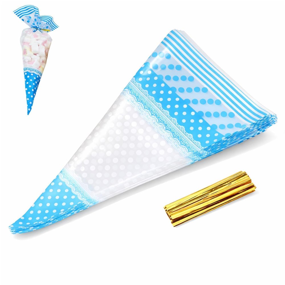 100PCS Cone Shaped Treat Bag, Cone Shaped Cellophane Treat Bags, Triangle Clear Plastic Candy Bag with Twist Ties for Popcorn Cookies Gift Spring Holiday Graduation Party Supplies 17 * 30cm (Blue)