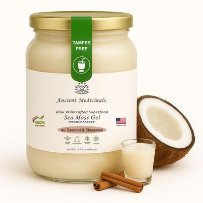 Ancient Medicinals Coconut Cinnamon Sea Moss Gel Wildcrafted Irish Moss Gel 92+ Vitamins & Minerals Raw, Vegan, Non-GMO, Gluten-Free Natural Superfood Supplement, (16.9 oz - Coconut Cinnamon)