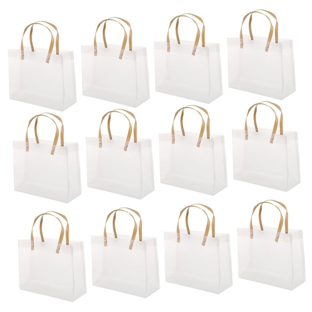 OFFSCH 12Pcs Transparent Storage Bags with Durable Handles for Weddings Souvenirs and Shopping Frosted Tote Bags for Flowers and