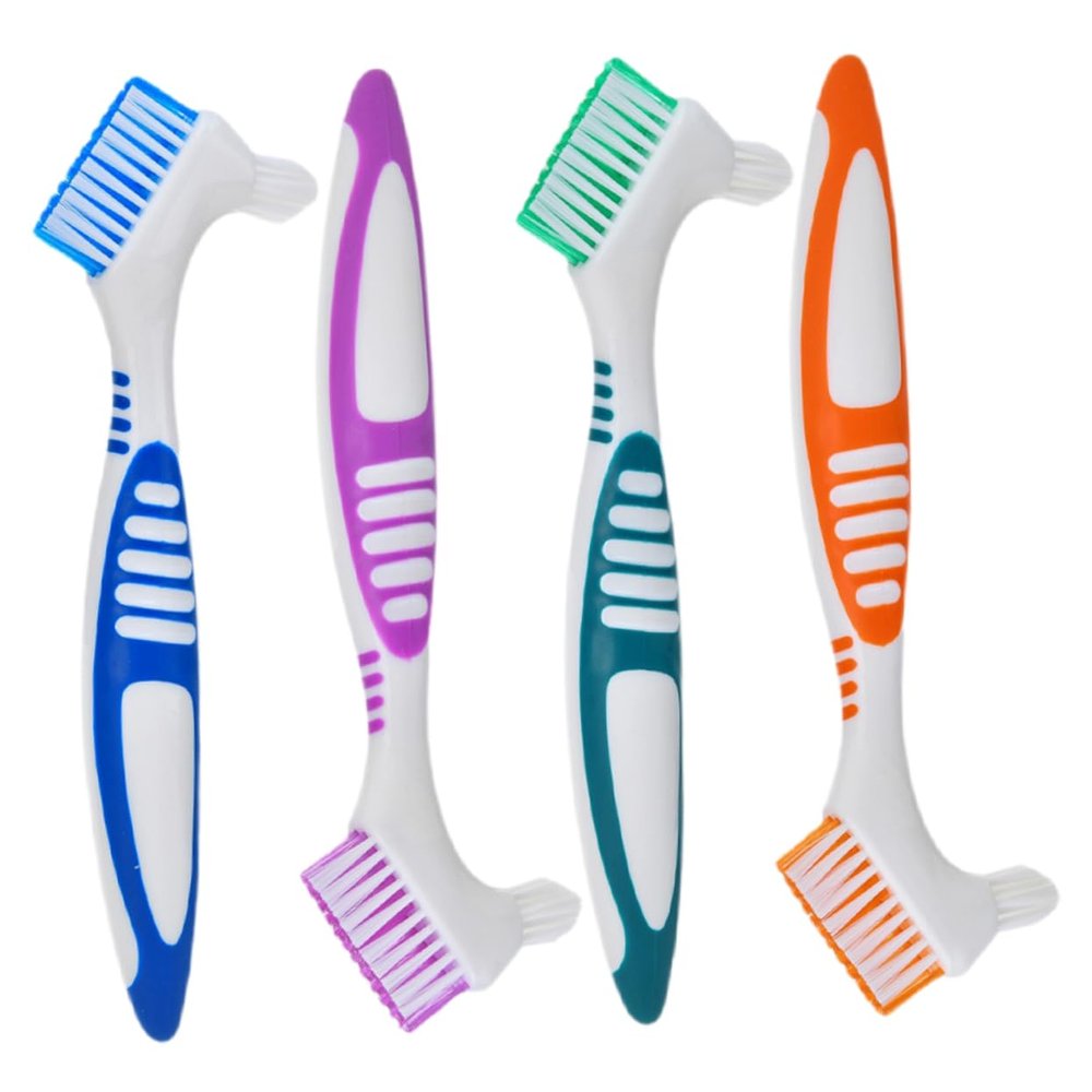 Beaupretty Double-Sided Denture Cleaning Brush Set 4pcs Portable False Teeth Cleaner Deep Cleaning Toothbrush for Dentures Travel-Friendly Kit Tool