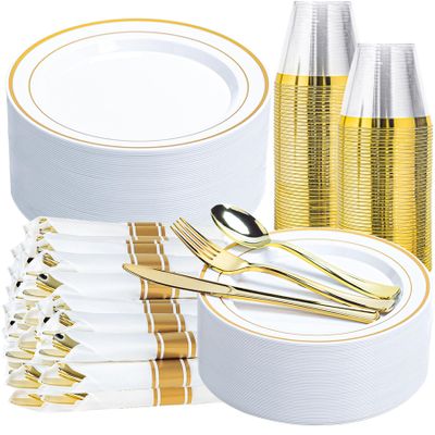Ciselure 350PCS Gold Plastic Plates Dinnerware Set, Thanksgiving Disposable Plates, 50 Dinner and 50 Dessert Plates, 50 Pre Rolled Napkins with Silverware and 50 Cups for Party and Wedding