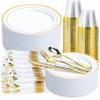 Ciselure 350PCS Gold Plastic Plates Dinnerware Set, Thanksgiving Disposable Plates, 50 Dinner and 50 Dessert Plates, 50 Pre Rolled Napkins with Silverware and 50 Cups for Party and Wedding view 1