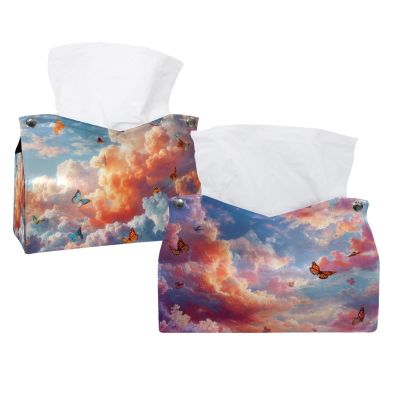 lcndlsoe 2 Pack Tissue Box Cover Holder, Pink Sky Butterfly Flower Rectangle Leather Tissue Case, Decorative Organizer for Tabletop, Bathroom, Car, Office