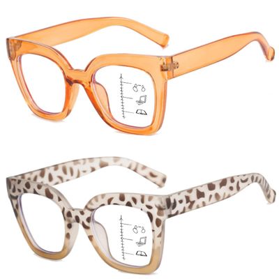 ICARA 2 Pack Trendy Oversized Blue Light Stylish Progressive Multifocus Readers for Women,Retro Square Sturdy Computer Reading Glasses (Champagne+Leopard, 1.25, x)