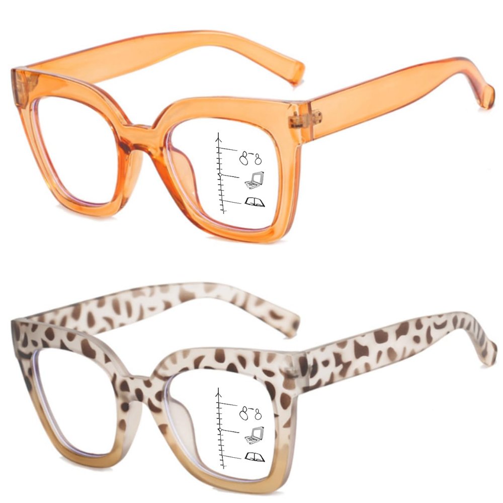 ICARA 2 Pack Trendy Oversized Blue Light Stylish Progressive Multifocus Readers for Women,Retro Square Sturdy Computer Reading Glasses (Champagne+Leopard, 1.25, x)