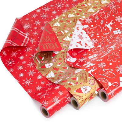 RJVW Small Christmas Gift Wrapping Paper Rolls,3 Rolls 17inches x 198inches Reversible Gift Wrapping Paper, Red Gold White Wrapping Paper, Snowflakes, Stripes, Plaid, Santa hat, Christmas decorations
