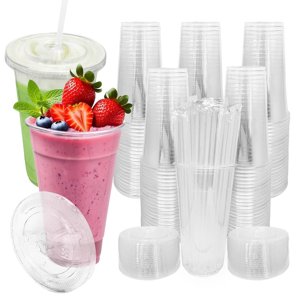 [100 SETS] 32 oz Cups with lids, Plastic cups with lids and straws, iced coffee cup, suitable for takeout iced coffee cold drinks, smoothies, juices, parfaits, Frappuccinos, and milkshakes.
