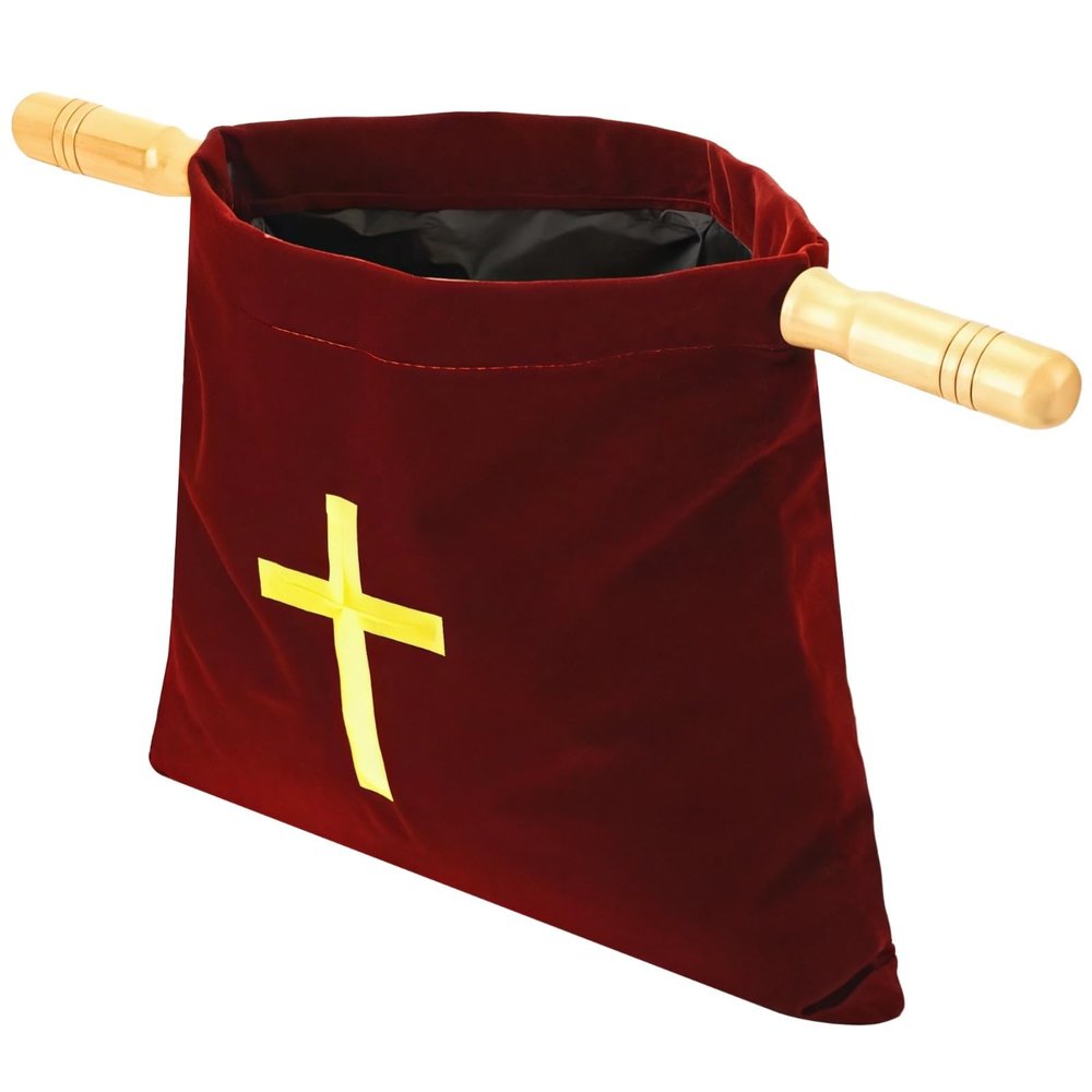 Religious Velvet Offering Bag, Wooden Handles With Cross Embroidery For Donations And Church Services