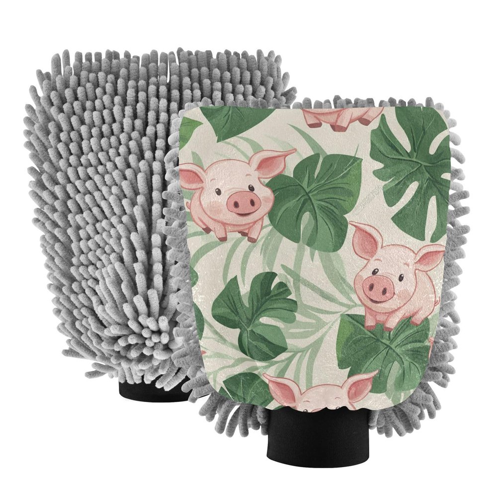 Safari Leaves Green Pigs Microfiber Mitt for Cars Non Scratch Car Washing Gloves Cleaning Wash Large