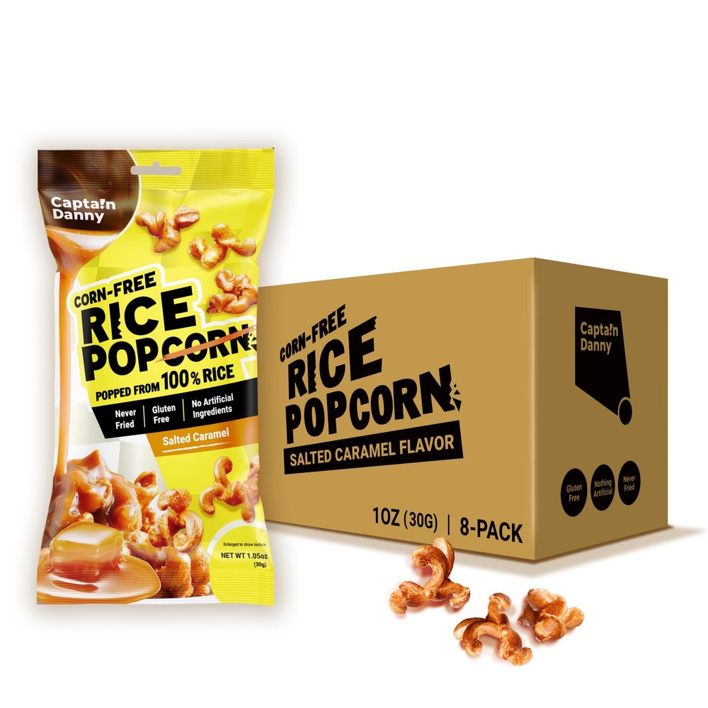 Captain Danny Rice Popcorn Salted Caramel, Corn-Free, Non-Fried, Gluten-Free, Minimally Processed, 1oz, Pack of 8