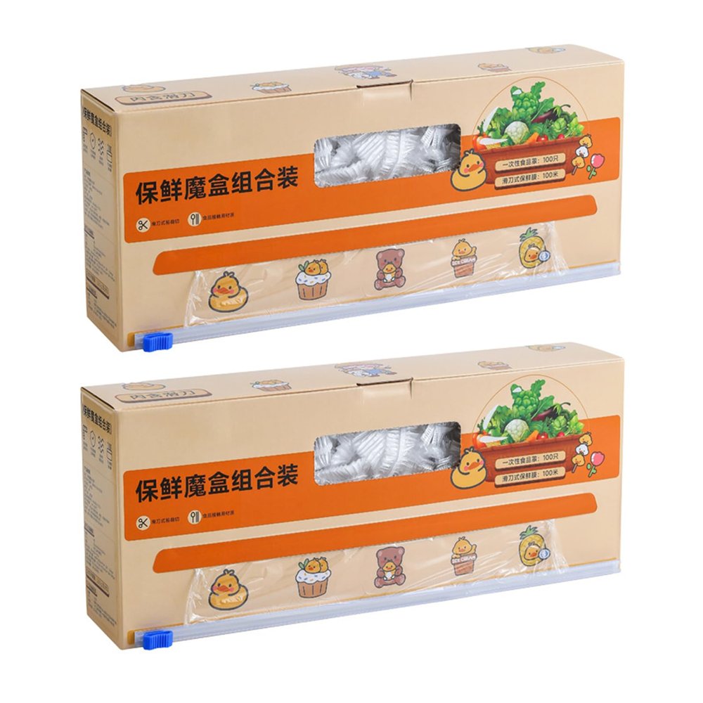 EXQSERAMC Plastic Wrap with Slide Cutter for Food, 100meters Cling Film with Magnetic Back, Includes 100 Reusable Plastic Bowl Covers, Microwave and Refrigerator Safe, BPA Free (2 Packs)