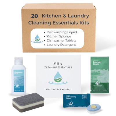 Air bnb Essentials for Hosts, Kitchen & Laundry Amenities - Dish Soap, Dishwasher Tablets, Kitchen Sponge & Travel Laundry Detergent, Pre-Packed in Premium Boxed Amenity Kits, 20 Kits - 120 pcs