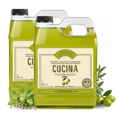 Cucina Dish Detergent Refill, Coriander and Olive Tree Scent, Concentrated Formula, Biodegradable, 33.8 fl oz (1 L) Bottles, 2 Pack, Fruits & Passion