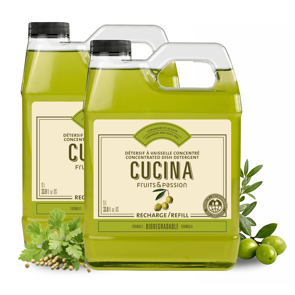 Cucina Dish Detergent Refill, Coriander and Olive Tree Scent, Concentrated Formula, Biodegradable, 33.8 fl oz (1 L) Bottles, 2 Pack, Fruits & Passion