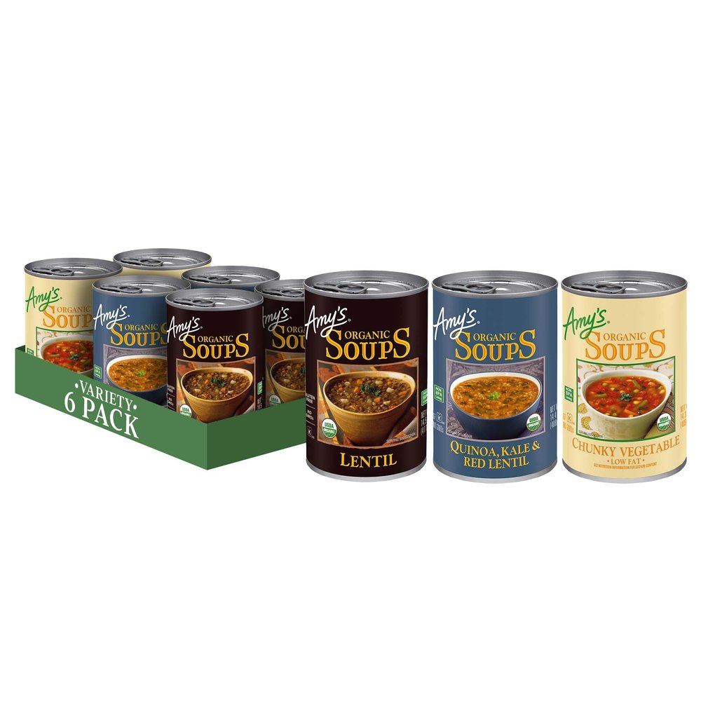 Amy's Soup, Organic Variety Pack, Chunky Vegetable, Quinoa, Kale and Red Lentil, and Lentil Canned Soup, Made With Organic Vegetables, Pack of 6
