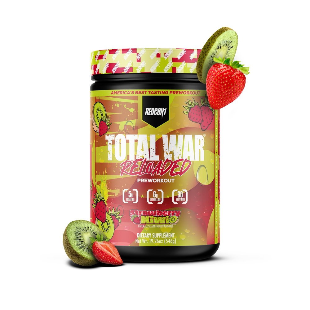 REDCON1 Total War Reloaded Pre Workout, Strawberry Kiwi - Creatine, Beta Alanine + L-Citrulline Malate Keto Friendly for Men & Women with 350mg of Caffeine - Fast Acting (30 Servings)