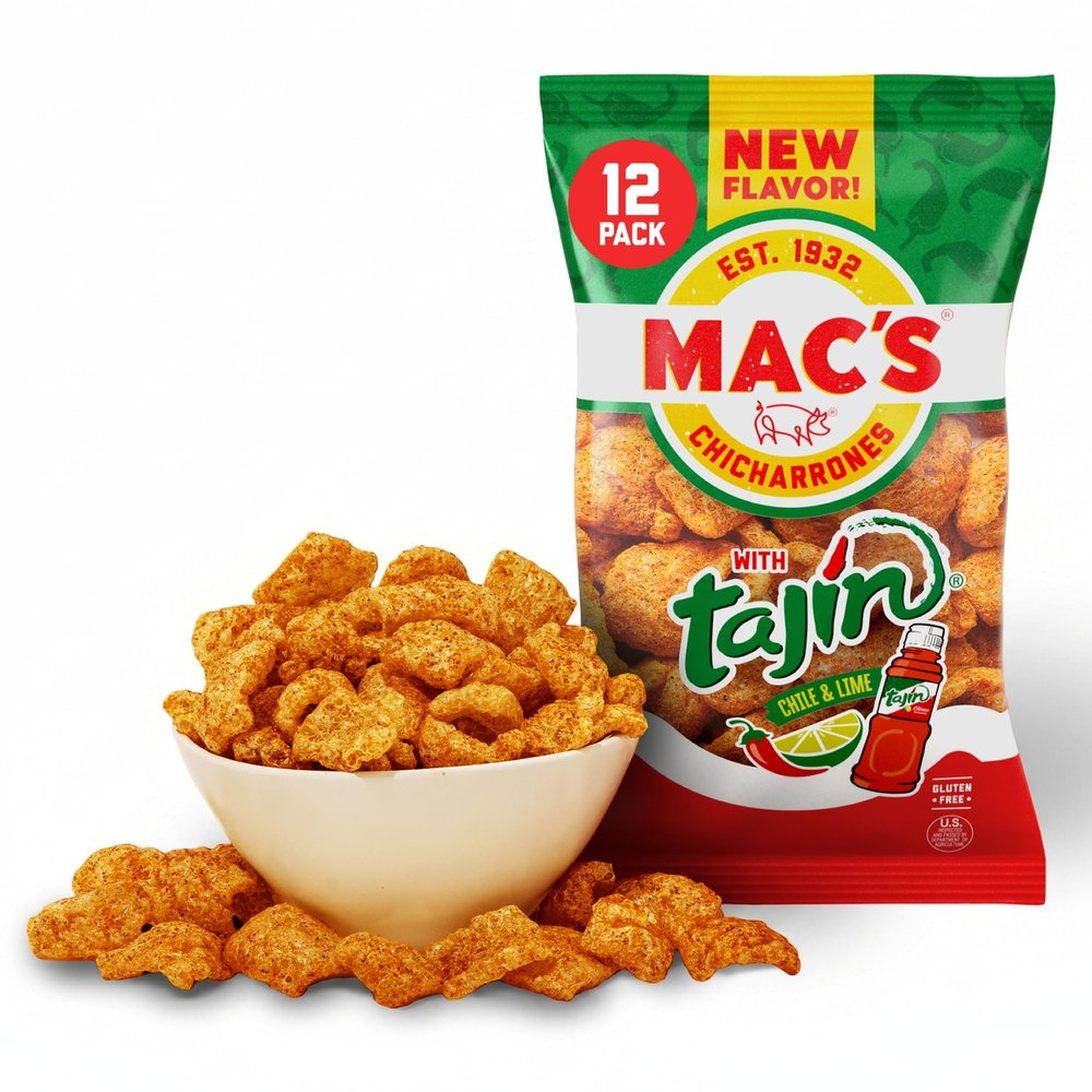 Mac's Tajin Chili Lime Fried Pork Skins - Tajin Chili Lime Flavored Chicharrones Pork Rinds - Low Carb, Gluten-Free, Keto-Friendly Snack- 3oz (12-Pack)