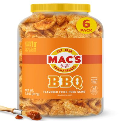 Mac's BBQ Fried Pork Skins - Barbeque Flavored Chicharrones Pork Rinds - Low Carb, Gluten-Free, Keto-Friendly Snack- 7.5oz (6-Pack)