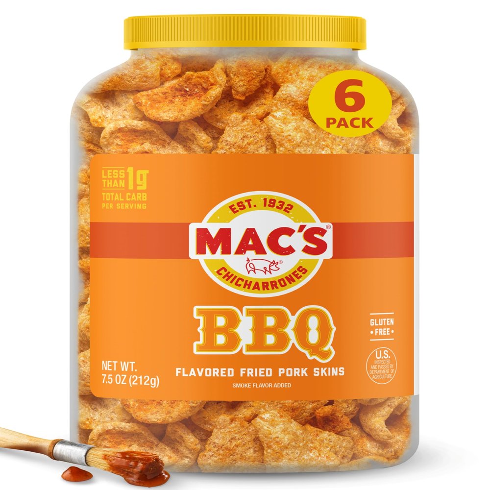 Mac's BBQ Fried Pork Skins - Barbeque Flavored Chicharrones Pork Rinds - Low Carb, Gluten-Free, Keto-Friendly Snack- 7.5oz (6-Pack)