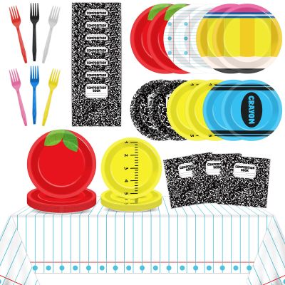 98PCS Welcome Back to School Decoration First Day to School Paper Plates Napkin Tablecloth Set for Ruler Apple Alphabet Theme Decor Tablecloths Tableware Set for Kids Birthday Classroom Season Party