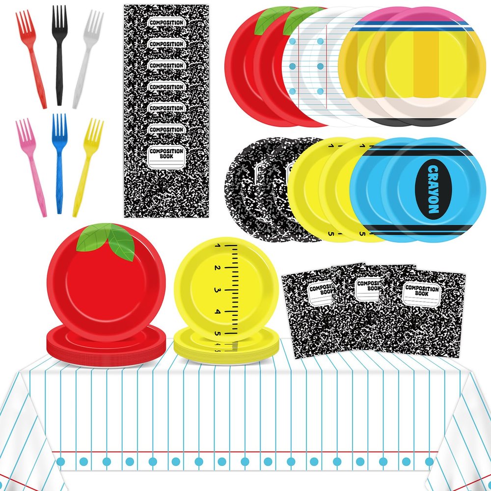 98PCS Welcome Back to School Decoration First Day to School Paper Plates Napkin Tablecloth Set for Ruler Apple Alphabet Theme Decor Tablecloths Tableware Set for Kids Birthday Classroom Season Party
