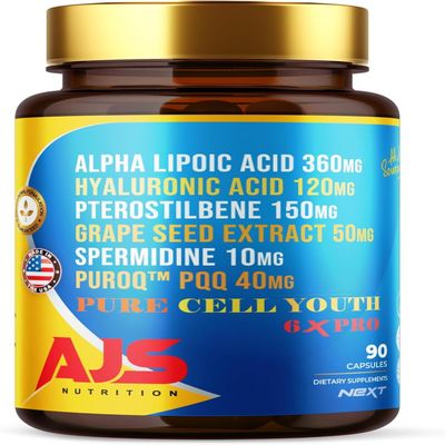 AJS Pure Cell Youth 6X PRO, 90 Capsules -PQQ 40mg, R-Lipoic Acid 360mg, Sodium Hyaluronate 120mg, Pterostilbene 150mg, Grape Seed Extract 50mg, Spermidine 10mg (90 Count (Pack of 4))