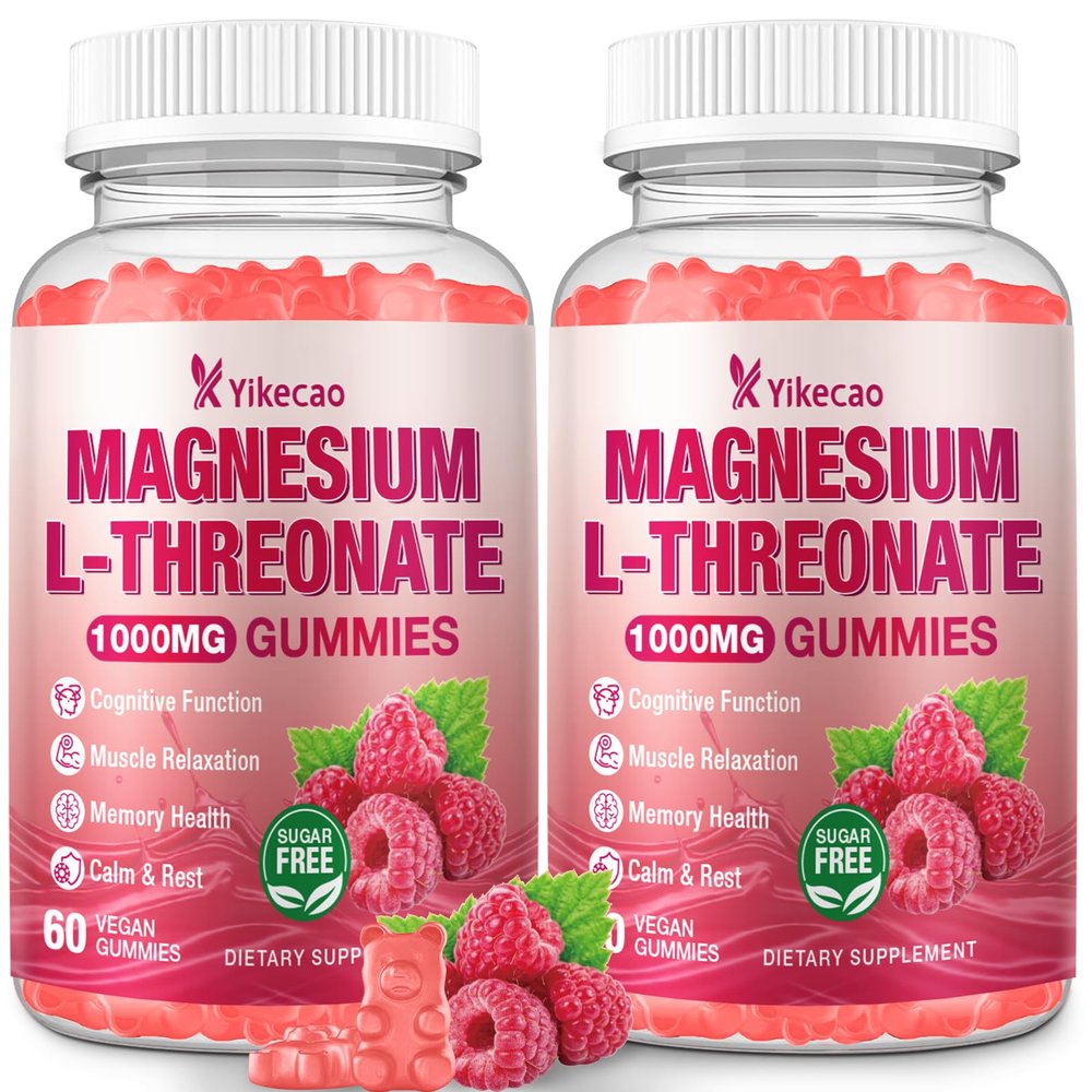 2 Pack Magnesium L-Threonate Gummies 1000mg, Sugar-Free Magnesium Threonate Supplement for Kids & Adults, Nervous & Muscle System Support, Non-GMO, Raspberry Flavor, 120 Count