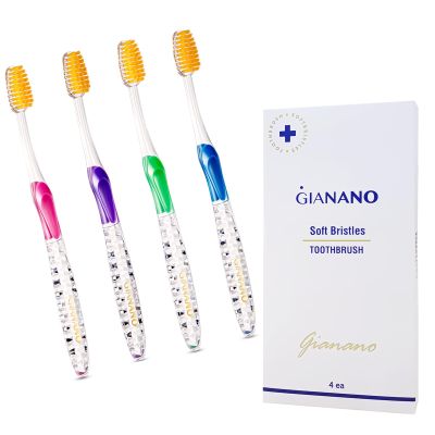 GIANANO Soft Slim Gold Bristles Toothbrush for Sensitive Gums - Soft Slim Bristles, Compact Head, Toothbrushes for Adults / 4-Piece Set (Blue, Green, Pink, Violet)