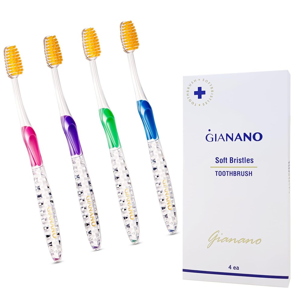 GIANANO Soft Slim Gold Bristles Toothbrush for Sensitive Gums - Soft Slim Bristles, Compact Head, Toothbrushes for Adults / 4-Piece Set (Blue, Green, Pink, Violet)