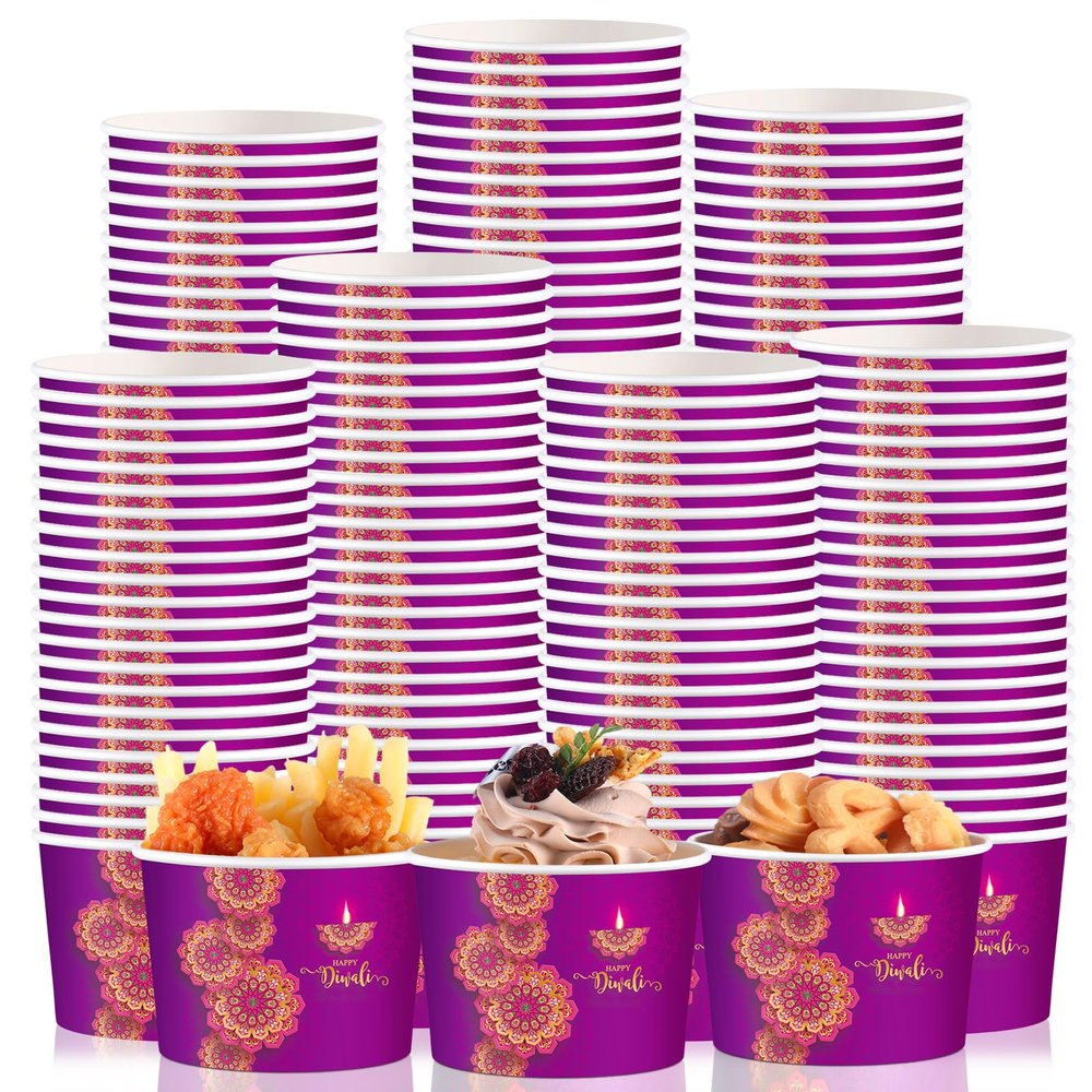 Maxdot 50 Pcs Happy Diwali Snack Cups 9oz Disposable Ice Cream Cups Decorative Paper Dessert Bowls Indian Deepavali Party Supplies for Yogurt, Cupcakes, Soup Hot or Cold Food