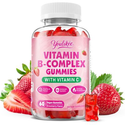 Youlikee Vitamin B-Complex Gummies for Women & Men, Methyl B12, B1, B2, B3, B5, B6, B7 & B9 - Vitamin B Complex with Vitamin C Supports Energy & Immune Function, Strawberry Flavor, 60 Count