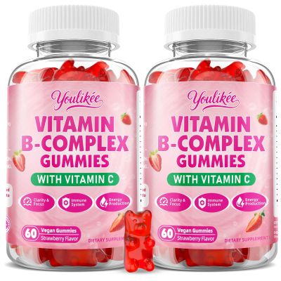 Youlikee 2 Pack Vitamin B-Complex Gummies for Women & Men, Methyl B12, B1, B2, B3, B5, B6, B7 & B9 - Vitamin B Complex with Vitamin C Supports Energy & Immune Function, Strawberry Flavor, 120 Count