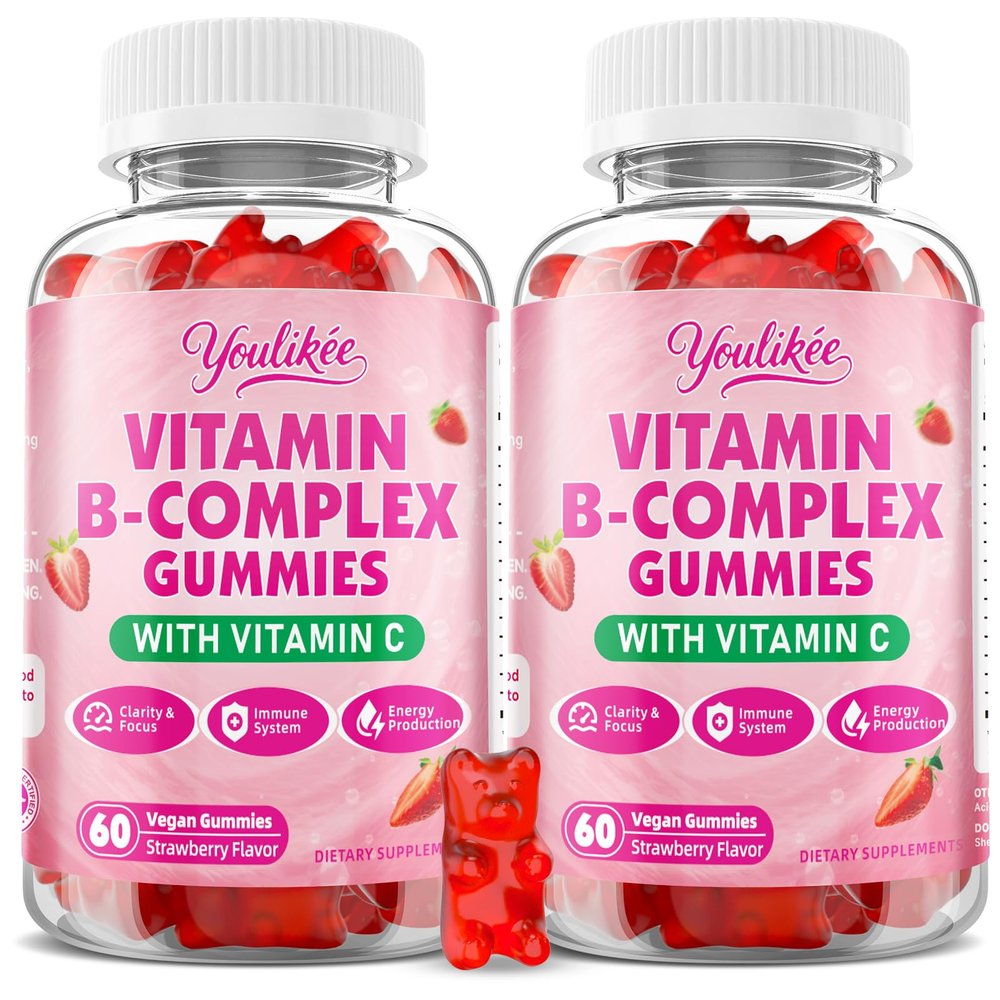 Youlikee 2 Pack Vitamin B-Complex Gummies for Women & Men, Methyl B12, B1, B2, B3, B5, B6, B7 & B9 - Vitamin B Complex with Vitamin C Supports Energy & Immune Function, Strawberry Flavor, 120 Count