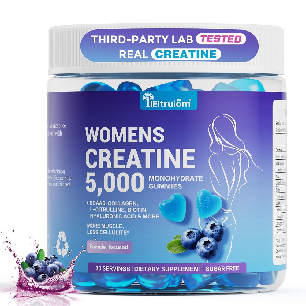 IIEltruiom Creatine Gummies for Women 5000mg Sugar Free Creatine Monohydrate Chews for Strength, Lean Muscle & Recovery, with Collagen & BCAA, Pre Workout Supplement, 90 Gummies