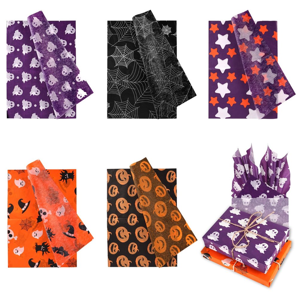 30 Sheets Halloween Tissue Paper, 5 Styles 13.78x19.69in Web Ghost Pumpkin Star Wrapping Paper Ideal Gift Favors DIY Crafts Bouquet Halloween Packaging Party Decoration Supplies