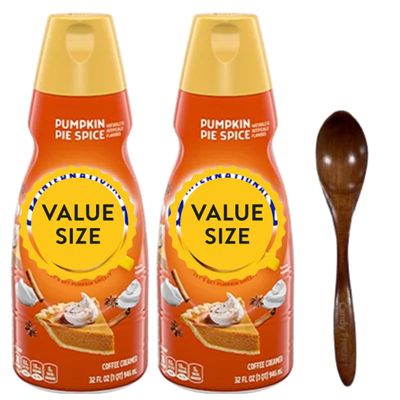 Pumpkin Pie Spice Liquid Coffee Creamer.- Two (2) 32 fl oz Bottles of Creamy Smooth Delightful Coffee Creamer with Candy Freezer Wooden Spoon (Pumpkin Pie Spice) Wooden Spoon