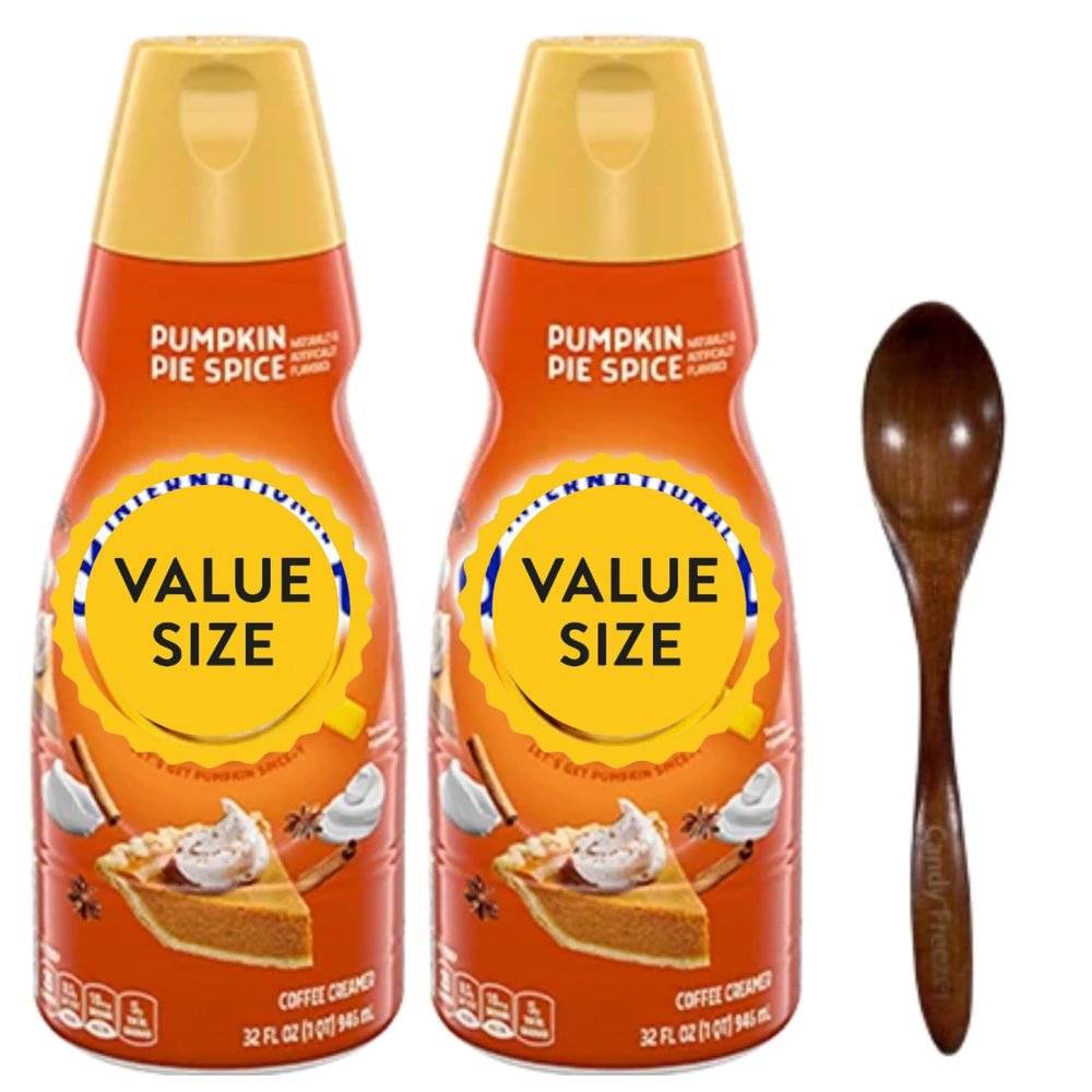 Pumpkin Pie Spice Liquid Coffee Creamer.- Two (2) 32 fl oz Bottles of Creamy Smooth Delightful Coffee Creamer with Candy Freezer Wooden Spoon (Pumpkin Pie Spice) Wooden Spoon