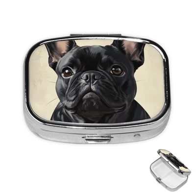 Pill Box 2 Compartment Medicine Pill Case for Pocket or Purse Mini Metal Pill Holder French Bulldog Pill Case Vitamin Organizer Portable Travel Pill Container to Hold Supplements Vitamins