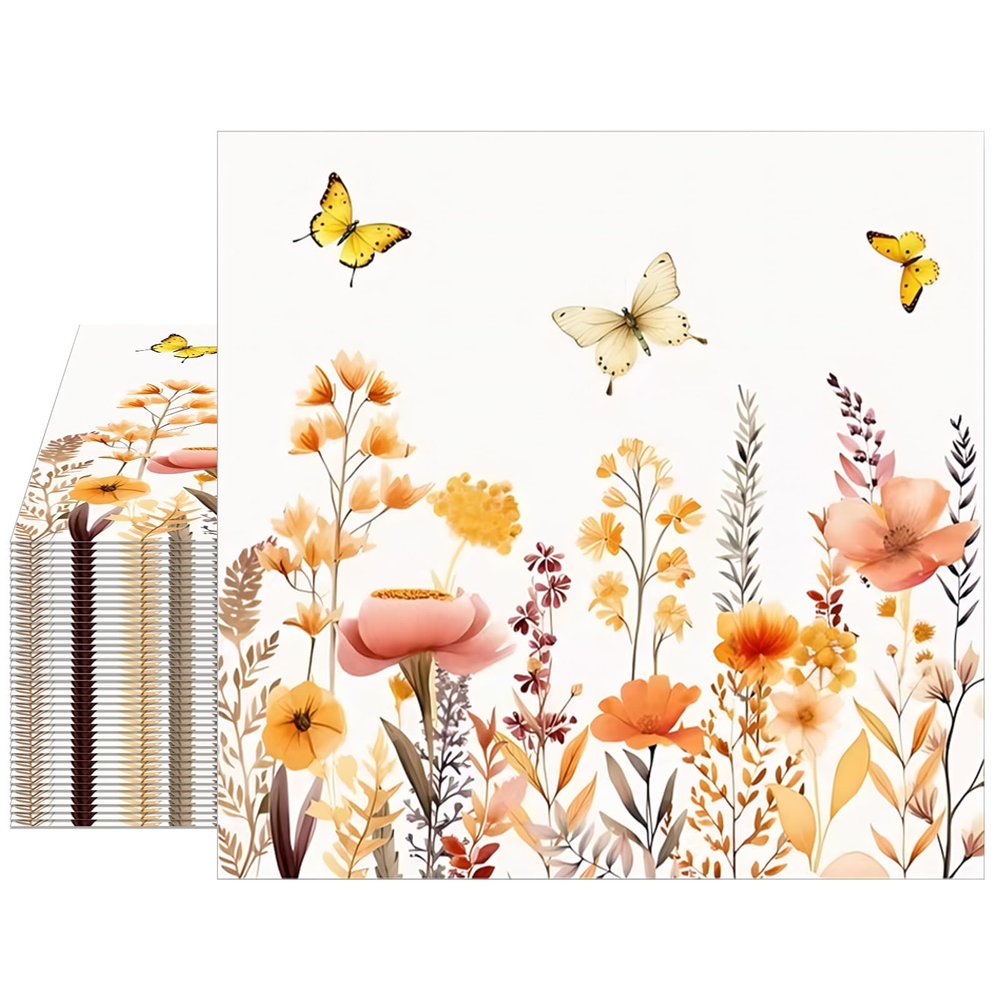 40Pcs Floral Paper Napkins Disposable, Decoupage Flower Luncheon Napkins Decorative for Baby Shower Wedding Anniversary Birthday Fall Party 6.5 x 6.5 Inches