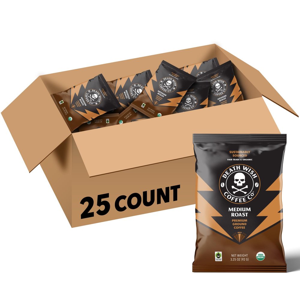 Death Wish Coffee Frac Pack, Each Packet Brews One Pot, Filter Included, Medium Roast (25 Count)