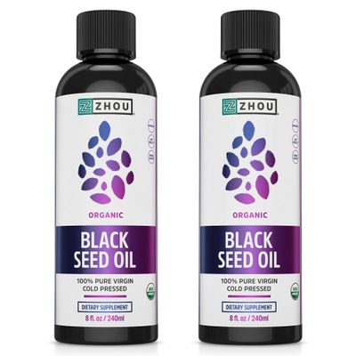 ZHOU Organic Black Seed Oil - Black Cumin Seed Oil Cold Pressed, Nigella Sativa, Pure Unrefined Blackseed Liquid, Premium Supplement for Health with Thymoquinone, Omega 3 6 9-8 Fl Oz (Pack of 2)