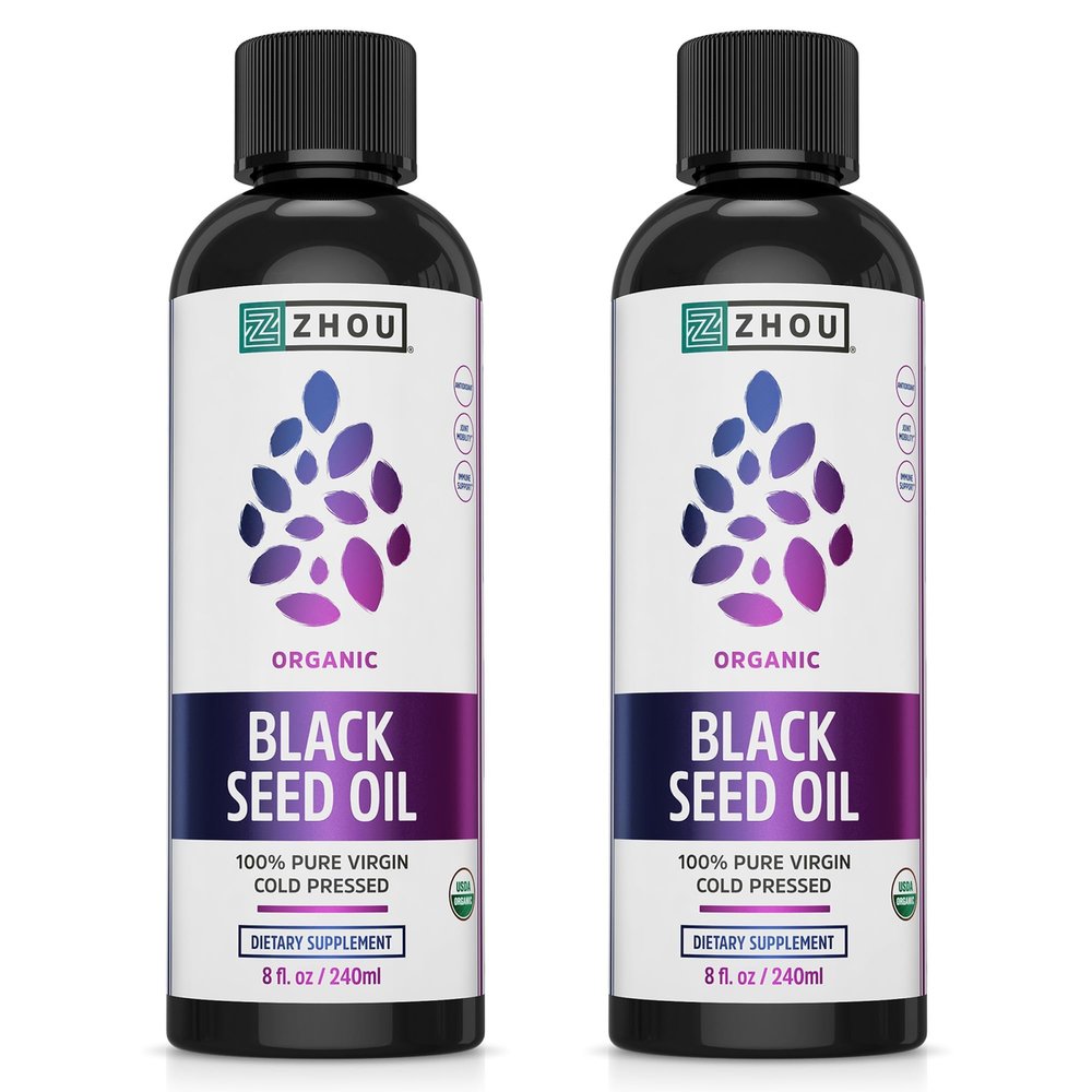 ZHOU Organic Black Seed Oil - Black Cumin Seed Oil Cold Pressed, Nigella Sativa, Pure Unrefined Blackseed Liquid, Premium Supplement for Health with Thymoquinone, Omega 3 6 9-8 Fl Oz (Pack of 2)
