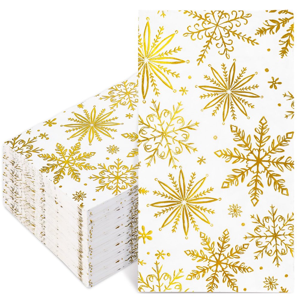JarThenaAMCS 100Pcs Christmas Guest Napkins Disposable Foil Gold Snowflake Paper Napkin Xmas Dinner Hand Napkins for Winter Holiday Party Tableware Supplies