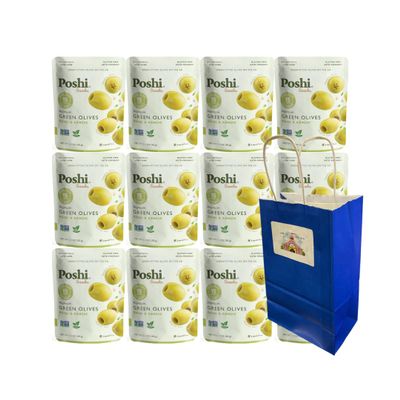 Big Top Deals USA Gift Bag with 12-Pack Basil & Garlic Green Pitted Olives 1.1oz Healthy Low Calorie Snack Vegan, Keto, Gluten Free, Mediterranean Flavor Travel, Lunchbox & Gifting