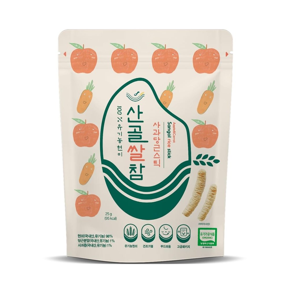 ECOMOMMEAL Sangol Rice Stick Apple & Carrot, 15 Bag Set Organic Brown Rice Snack, No Additives