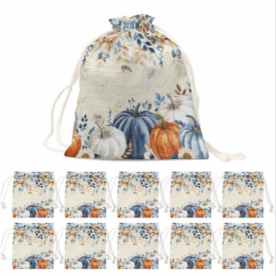 Fall Drawstring Gift Bags 10 Pieces, 5" x 7" Small Rural Vintage Flower Leaves Pumpkin Gift Bag Reusable Fabric Wrap Bags for Wedding Party Birthday Christmas Seasonal Holiday