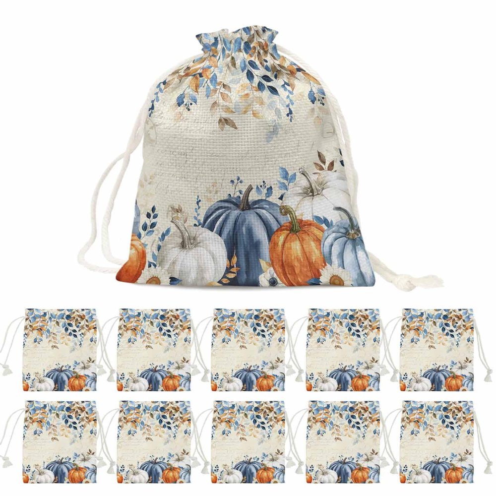 Fall Drawstring Gift Bags 10 Pieces, 5" x 7" Small Rural Vintage Flower Leaves Pumpkin Gift Bag Reusable Fabric Wrap Bags for Wedding Party Birthday Christmas Seasonal Holiday