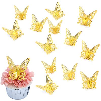 3D Gold Mirror Butterfly Cake Toppers, 12 Pieces, Acrylic Wedding Birthday Cake Decorations, Cupcake Toppers